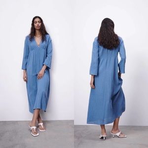 ZARA LINEN BLEND TEXTURED DRESS BLUE